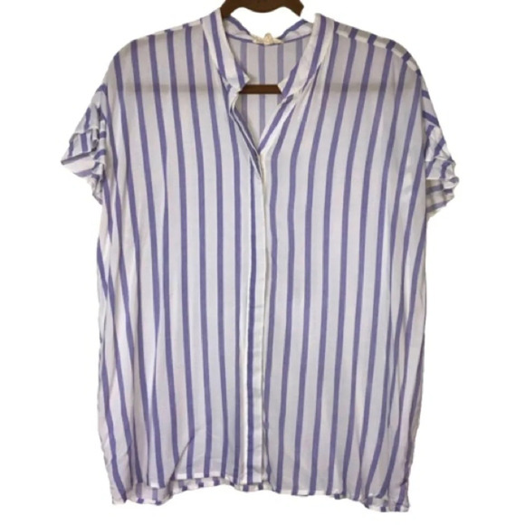 Grand&Greene Button Up Shirt L Striped Purple White Short Sleeve Boho Liteweight - Picture 1 of 11